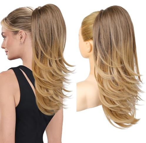Flufymooz Ponytail Extension, 50 cm Pferdeschwanz Haarverlängerung mit Kordelzug für Frauen weiches, natürlich aussehendes synthetisches Pferdeschwanz Haarteil-Schokoladenbraun bis Hellbraun