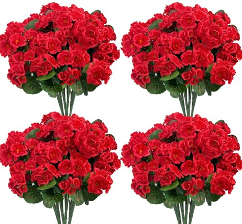 Artificial Flowers for Outdoors, Realistic Fake Flowers UV Resistant Silk Geraniums Faux Flowers for Planter Window Box Balcony Outdoor Garden Outside Artificial Plants Outdoor Decoration, 4 Pcs Red