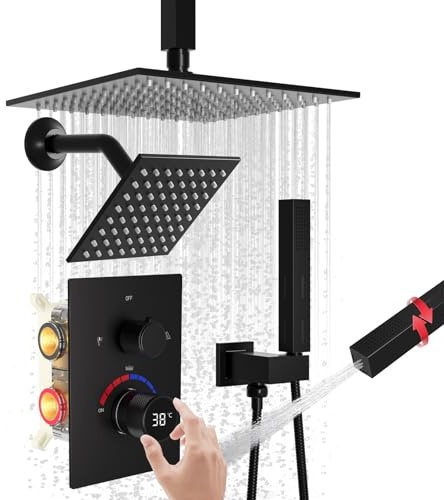 Matte Black Mixer Shower System with Digital Display Thermostatic Valve | Brass, 10 inch Ceiling & 6 inch Wall Mounted Dual Rainfall Shower Head, 2 Modes Handheld, 3 Way Concealed Valve Faucet Set