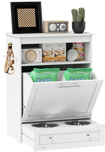 PawHut Haustier-Futterschrank mit 2 Edelstahlnäpfen 61 x 35,5 x 82 cm Weiß | Lagerschrank, 3 Haken, Schublade, Futterstation, Offenes Fach, Kipptür, Für Hunde, Hundefutter Aufbewahrung