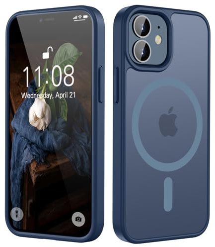 HGH Magnetiskt fodral för iPhone 12/12 Pro 6,1 tum kompatibelt med MagSafe, genomskinlig matt baksida, tunn, stötsäkert mobiltelefonfodral för iPhone 12 (mörkblå)
