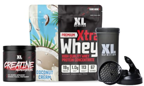 XL Nutrition Creatine Monohydrate Powder & Whey Protein Bundle. High Protein, Low Carb, Supports Muscle Growth, Includes Shaker Bottle (2kg, Coconut Mint)