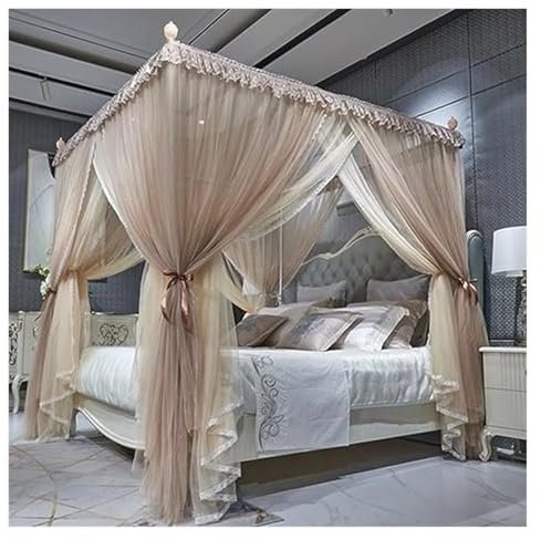 Luxuriöser Doppelschichtiger Moskitonetz-Vorhang für Queen-Size-Bett, Beige, Queen-Bett, Baldachin für Mädchenzimmer