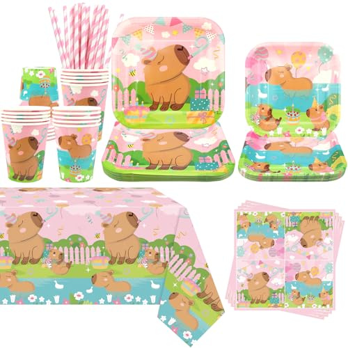 Obussgar Pink Capybara Party Decoration - Capybara Birthday Party Tableware Supplies Includes Plates, Cups, Napkins, Tablecloth, Straws - Serves 20