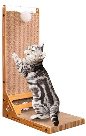 dellyy Katzenkratzbretter, 60cm Kratzpappe für Katzen l Förmig, Katzen Kratzbrett, Kratzbrett Katze mit Ballspielzeug und Klingelkugeln,für Wand und Ecke Möbel retten
