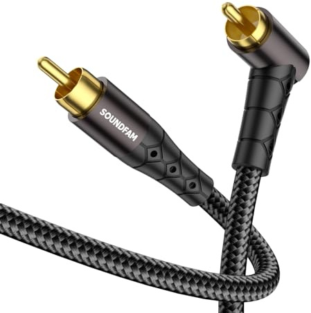 SOUNDFAM 90-Grad RCA-Kabel 3M, Rechtes-Winkel-Subwoofer-Kabel [24K Goldplattierung, Baumwollgeflecht] für Subwoofer, DVD, Verstärker, Heimkino (Schwarz)
