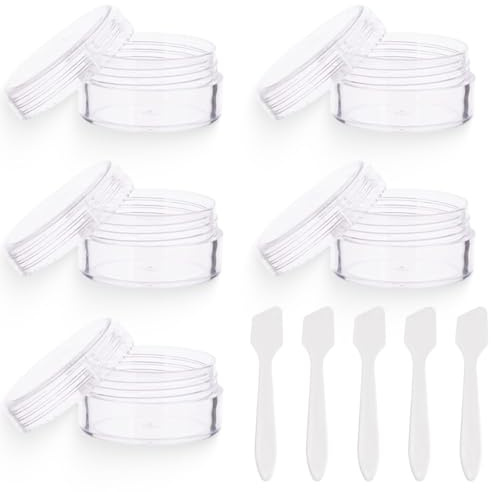 COYUN 5 Pcs Contenitori Vuoti Trasparenti, Contenitori per Crema 5 Pcs Mini Spatola, Contenitori per Cosmetici, Contenitori per Campioni da Viaggio, Spatola per Trucco, Maschera Spatola (Trasparente)