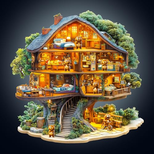 WOODBESTS Holzpuzzle Erwachsene, 255 Teile Bärenhaus Holzpuzzle | Unregelmäßige Einzigartige Puzzle, Weihnachten und Geburtstag Geschenke für Puzzle-Liebhaber (34 × 33,9 cm)