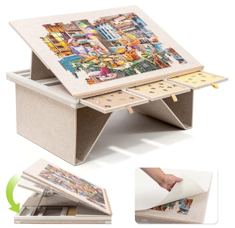 Tektalk Tisch für Puzzles aus Filz mit verstellbarem Neigungswinkel in 3 Stufen, Puzzleplatte mit klappbaren Beinen, tragbarer Tisch mit 4 Schubladen und Abdeckung, für Puzzles bis zu 1500 Teilen