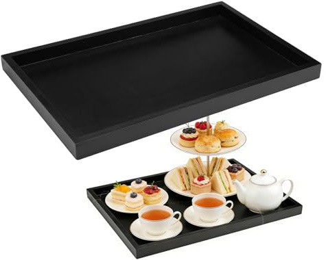 Black Serving Tray 30 x 20 x 2 cm Wood Tray Anti-Slip Trays for Eating on Lap Rectangular Serving Trays Wooden Platter for Drinks Food Tea Coffee Breakfast Dinner in Kitchen Living Room Bedroom Party