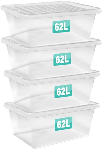 Optimal Products 4 x 62 Litre Storage Boxes With Lids Set of 4, Clear Multipurpose Nestable Stackable Plastic Storage Box With Lid Clear Containers For Home, Kitchen, Garage, Office, Accessories