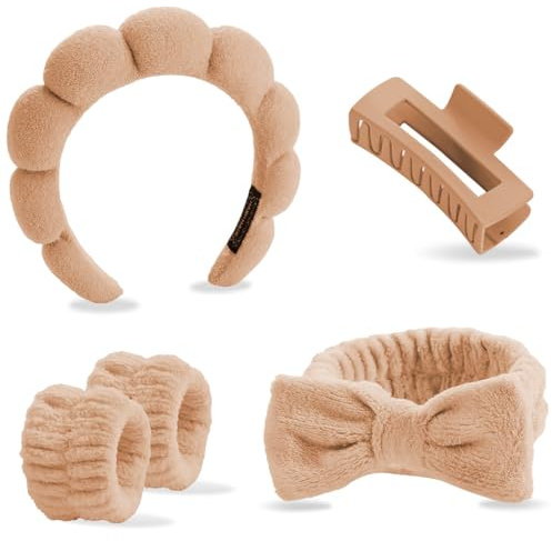 SHIFANQI 5 Stück Haarband Kosmetik,Spa Stirnband Make Up Schwamm Set Damen, Hautpflege Stirnband Waschen Gesicht Wristband Set Für Frauen Schönheit Yoga Sport Dusche (Khaki)