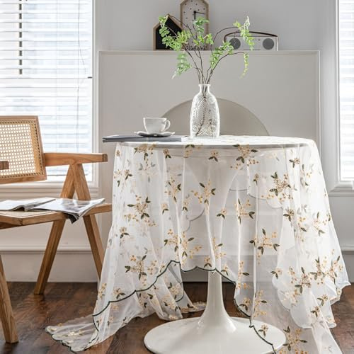 POABXYHD Vintage weiße Spitzentischdecke, Elegante Häkeltischdecke aus Frankreich, Bestickt mit Blumen, runde Tischdeko für Hochzeiten und Feste, rustikale Tischwäsche für Bankett und