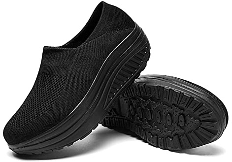 Generiska lätta sportskor dam, plattformsskor för kvinnor, platåsneakers halkfria slip-on stövletter utomhus slip-on mjuk tjock sula fritidsskor andas vandringsskor, svart, 40 EU