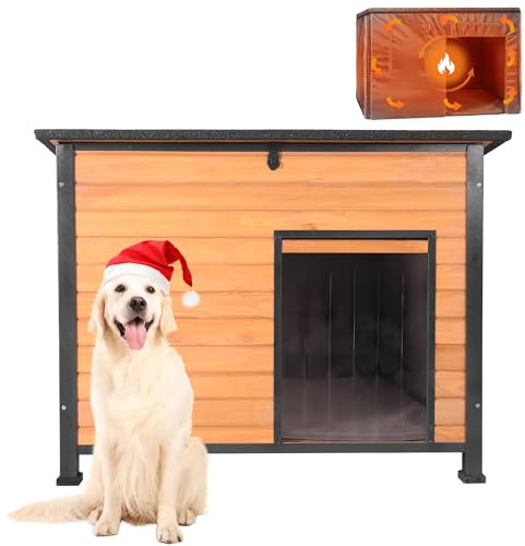 X-ZONE PET Outdoor Wooden Cat Dog House, Large Size, Weatherproof with Asphalt Roof, Windproof and Waterproof, Metal Reinforced Frame, Insulated Pet Shelter (Brown, Large-Insulated)