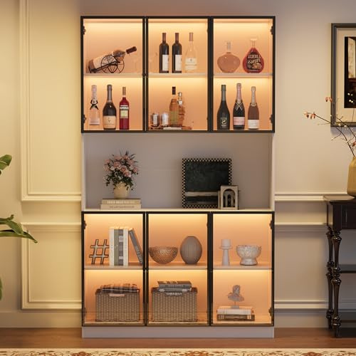 NNJN Vitrine, Standvitrine mit 6 Schranktüren, Freilagerbereich, Hochschrank, Glasvitrine mit LED, Wohnzimmerschrank 120 cm breit, Multifunktionsschrank, Großer Schrank, Weiß (120 * 34 * 200cm)