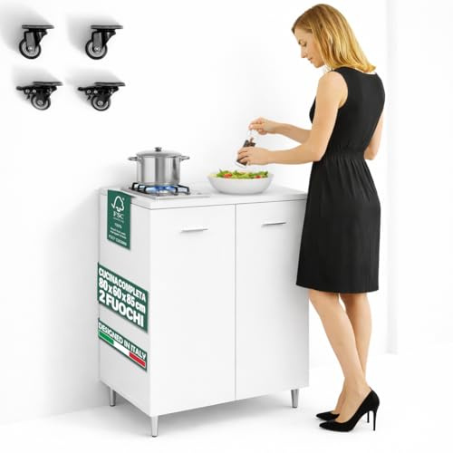 Shally Dogan Mobile Base da Cucina con Piano Cottura a Gas 2 Fuochi, 2 Ante, 80 x 60 x 85 cm, Piastre in Ghisa Resistenti, Montaggio con Piedini Fissi o Ruote, Kit Completo Monoblocco, Bianco