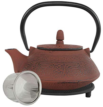 teeblume | gusseiserne Teekanne Maoming | Gusseisen-Teekanne mit Sieb | 0,8 Liter | inkl. gratis Untersetzer in schwarz | Teekessel innen komplett emailliert | rot