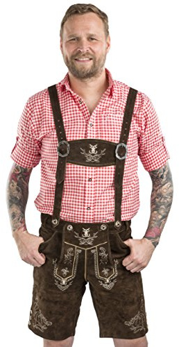Schöneberger Trachten Couture Herren Lederhose kurz - Trachtenlederhose inkl. Hosenträger – Trachtenhose Echt-Leder Tracht Alpenjäger (50, Dunkelbraun)
