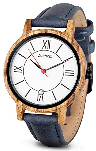 Zeitholz Holzuhr Damen, Armbanduhr, Lederband Blau, Analog, Quarz, Neue Rosenbach Kollektion 36mm, Naturholz mit Japanischem Quarzwerk. Eine Aussergewöhnlich Vielseitige Damenuhr