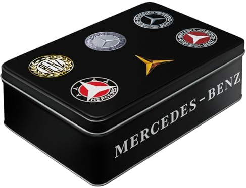 Nostalgic-Art Retro Vorratsdose Flach, 2,5 l, Mercedes – Logo Evolution | Original Mercedes-Benz Lizenzprodukt (OLP), Keks-Dose mit Deckel, Vintage Design, Geschenk-Idee für Mercedes-Fans