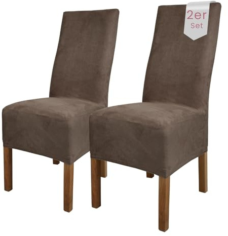 Scheffler Home Stuhlhussen Taupe-Braun 2er Set Velours Stretch Leon | Elastische und waschbare Stuhlbezüge,Öko-Tex zertifiziert,für Esszimmerstühle, Hochlehner und Polsterstühle