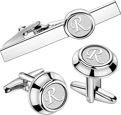 Mens Classic Cufflinks and Tie Clip Set for Men Silver Initials A-Z Formal Business Wedding Tuxedo Shirts
