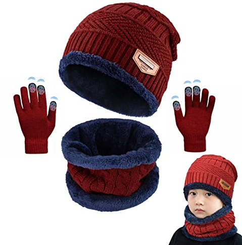 CheChury Kinder Wintermütze Strickmütze Warme Beanie Mütze Winterschal Kreis Schal Set und Warm Strick Handschuhe mit Fleecefutter