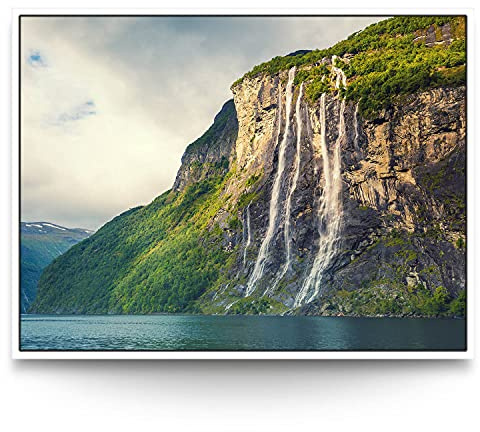 BilderKing Wandbild Wasserfall Norwegen - 200cm x 150cm Leinwand auf 2cm Keilrahmen mit Schattenfugenrahmen weiß