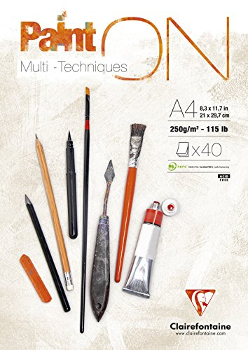 Clairefontaine 96537C, ett block av ritningspapper måla på 40 ark 21 x 29,7 cm 250G, vit, förpackning med 4 anteckningsböcker