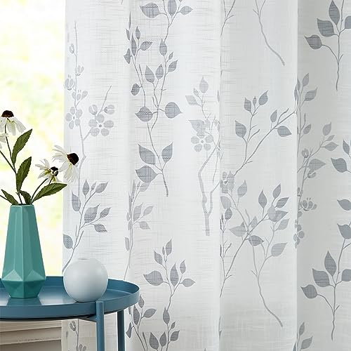 Beauoop Grau Voile Vorhänge Blätter Blumen Muster Leinenoptik Vorhänge mit Ösen für Wohnzimmer Botanisch Halbtransparent Ösenvorhang für Bauernhaus Schlafzimmer 2er Set, 127 x 175cm (HxB)