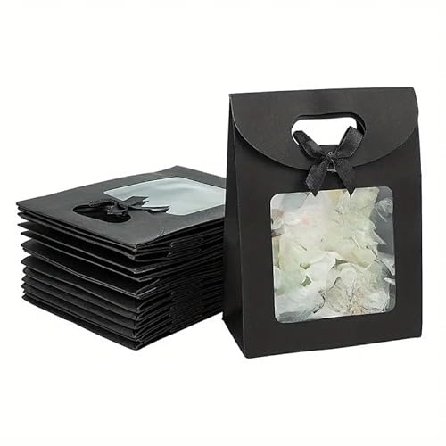Emartbuy Geschenktüten aus Kraftpapier mit klarem Fenster & Bandgriff - Größe 1 (20 × 14 × 7 cm) | 12 Stück | Luxus Schwarze Papiertüten für kleine Geschenke, Hochzeiten & Eco Boutique Verpackung