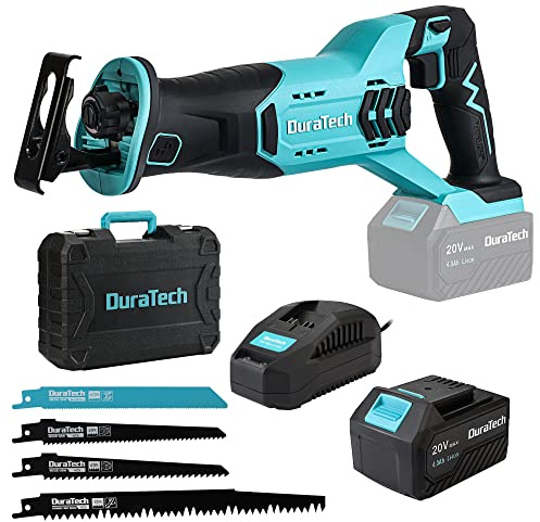 DURATECH Cordless Reciprocating Saw with 20V 4.0Ah Li-Ion Battery, 3000SPM, 7/8 Stroke Length, Variable Speed, Tool-Free Blade Change, 4 Saw Blades for Wood & Metal Cutting