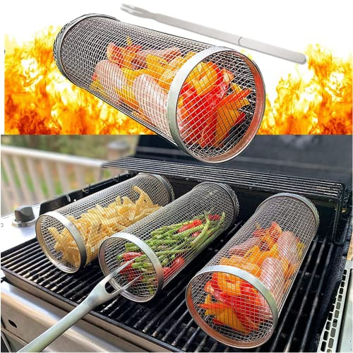 Rolling Grillkorb Zylindrischer Grillkorb Edelstahl mit Grillgabel, BBQ Grillrolle Grill Korb Grill Rack Grillen von Gemüse, Fisch, Fleisch Grillkorb Zylinder (1Stück, S (20CM))
