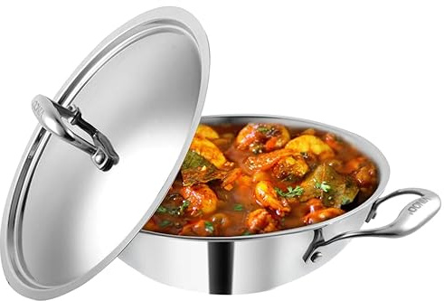 Vinod Platinum Triply Stainless Steel Wok Non Stick Frying Pan with Lid Gas Stove & Inductin Compitable Kadai, 22CM - 1.8L
