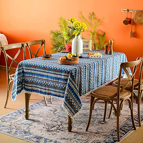 HeichkelL Boho Tischdecke Rechteckig Tischtuch mit Quasten Vintage Tischdecke Abwaschbar Tischwäsche Blau 100 x 140 cm