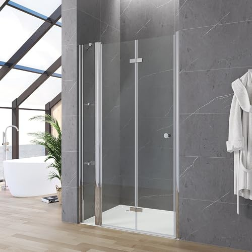 Duschtür Glas 140cm Verstellbereich 139-143 cm Falttür Drehfalttür an Festteil für Nische mit Duschablage, Chromoptik, Innen- und Außenöffnung, Hebe-Senk-Funktion, 5 mm ESG Echtglas klar, Höhe 187 cm