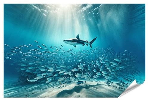 islandburner XXL Bild Poster Stille Unterwasserwelt: Hai umgeben von Fischschwarm Premium Bilder Fotodruck