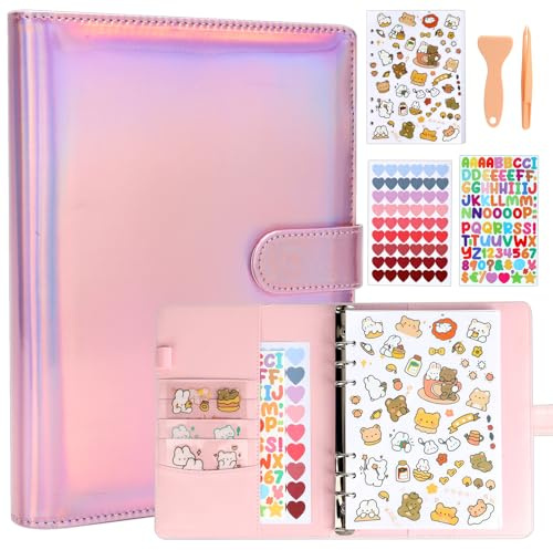 Reusable Sticker Book Collecting Album,A5 PU Sticker Collecting Book with Heart Label & Letter Label,Holographic Cover