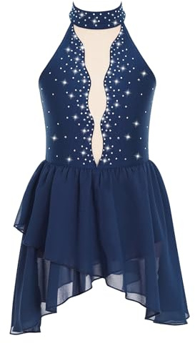iEFiEL Eiskunstlauf Kleid Mädchen Patchwork Tanzkleid Glitzer Strass Kürkleid Ärmellose Modernen Tanz Trikotanzug Mit Unregelmäßigem Rock Navy blau 134-140