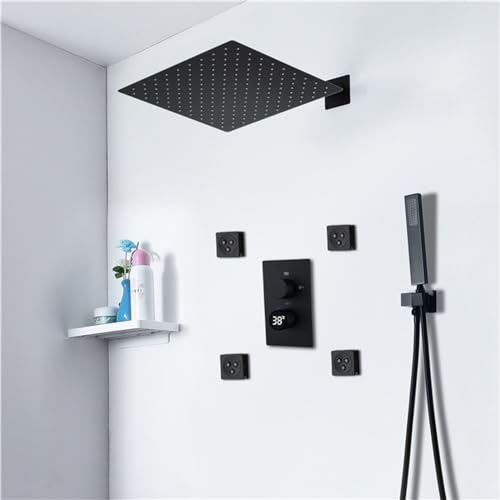 SWHC Duschsystem Unterputz Duscharmatur Set Digitale Anzeige Dusche Regendusche Set 3 Funktionen Messing Duschgarnitur mit Regendusche 30 * 30cm, Handbrause, 4PCS Seitenbrause