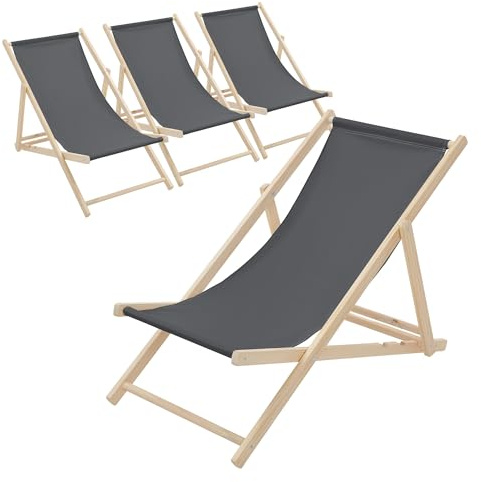 ECD Germany 4er Set Liegestuhl klappbar, Anthrazit, aus Holz, Sonnenliege mit 3-Fach Verstellbarer Rückenlehne, Strandliege bis 120 kg, Gartenliege, Strandstuhl, Relaxliege für Garten Balkon Terrasse