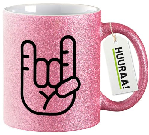 Huuraa Glitzer Kaffeebecher Pommesgabel Hand Geschenk 330ml Pink Pommesgabel Mitbringsel