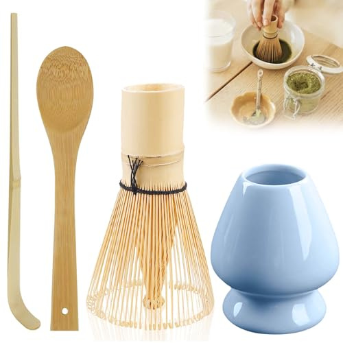 Lot de 4 pièces à thé matcha avec balai à matcha, porte-pinceaux à thé en céramique, fouet en bambou, porte-balais en céramique, accessoires pour matcha japonais, Accessoires de matcha