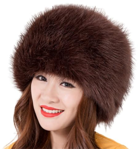 Generisch Russische Fellmütze Damen, Kosakenmütze Plüschmütze Trappermützen Pelzmütze Kunstfell Wintermütze für Ski, Snowboarden, Wandern, Camping (DE/NL/SE/PL, Alphanumerisch, Einheitsgröße, Braun)