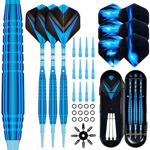 POFIBO Dartpfeile mit Kunststoffspitze - 19g Dartpfeile für Elektronische Dartscheibe, 3 Stück Soft-Dartpfeile mit 30 Kunststoff Dartspitzen und Anti-Lose Gummiringe