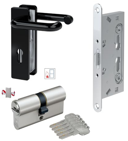 BASI Komplettset | Feuerschutzbeschlag + FH Einsteckschloss + Profilzylinder | Kunststoff Beschlag Drücker-Drücker | DIN Links/rechts | Schloss mit Panikfunktion | für FH-Türen Stahltüren