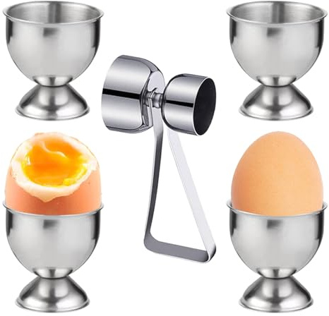 Eieröffner Stainless Steel, 4 Teilig Steel Egg Shell Öffner Eieröffner Stainless, Tablett Frühstück Egg Cup Halter für Weiches Harte Gekochtes Eier, Cracker Eierschale Abscheiderentferner