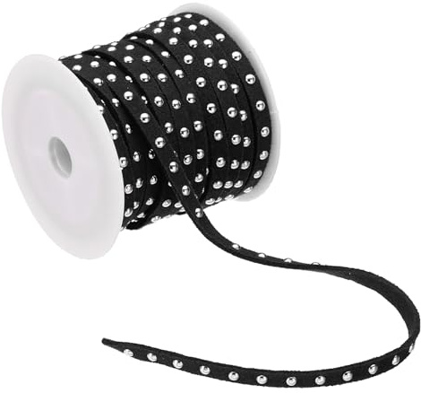 PATIKIL 5,5 meter dubbat fuskmocka rep för smyckestillverkning, 5 mm mikrofiber platt läder spets pärlband med nitar, svart silver