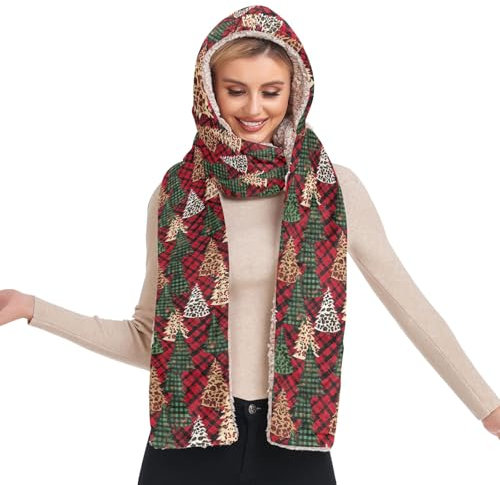 GAIREG Kapuzenschal, warme Mütze und Schal, Taschenschal für Damen, Weihnachtsbaum, rot kariert, Einheitsgröße